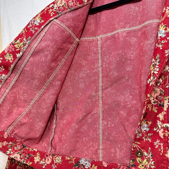 Retro Buttoned Red Floral Long Sleeve Jacket Blazer Medium Printed Boho Cottage - Picture 6 of 12